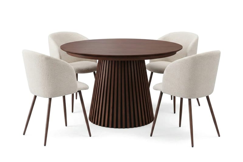 Spisegruppe Bark Peyra 120-220 cm Valnøtt Hvit bouclé/Metallben valnøtt