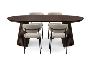 Spisegruppe Bark Peyra 120-220 cm Røkt eik Greige bouclé/metallben svart - Møbler - Bord - Spisegruppe