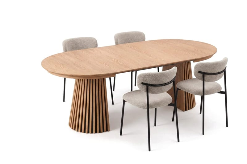 Spisegruppe Bark Peyra 120-220 cm Eik Greige bouclé/metallben svart - Møbler - Bord - Spisegruppe
