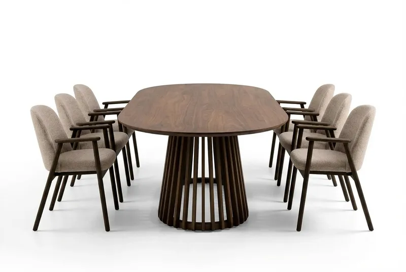 Spisegruppe Bark Peyra ovalt spisebord 200 cm mørkebrunt med 6 Reciclar spisestoler Valnøtt|Greige
