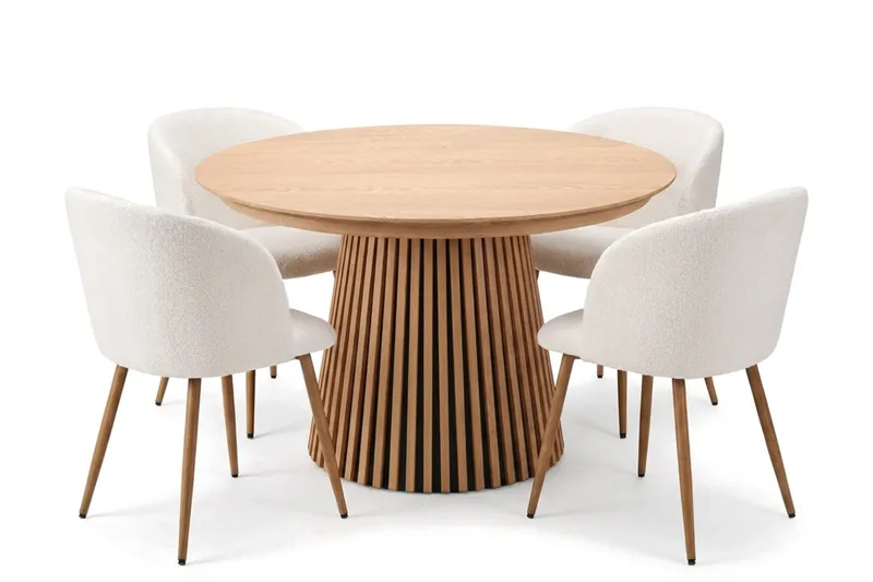 Spisegruppe Bark Peyra 120-220 cm Eik Hvit bouclé/Metallben brun