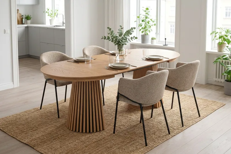 Spisegruppe Bark Peyra 120-220 cm Eik Taupe bouclé - Møbler - Bord - Spisegruppe