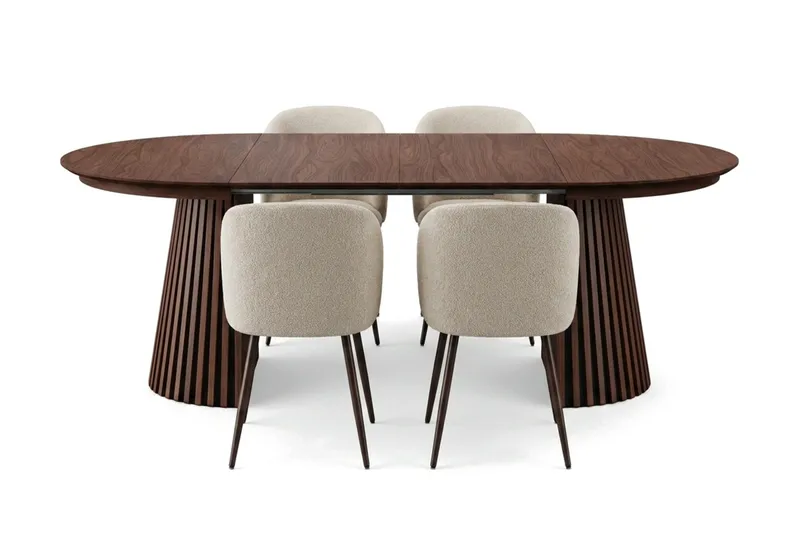 Spisegruppe Bark Peyra 120-220 cm Valnøtt Hvit bouclé/Metallben valnøtt - Møbler - Bord - Spisegruppe