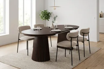 Spisegruppe Bark Peyra 120-220 cm Røkt eik Greige bouclé/metallben svart - Møbler - Bord - Spisegruppe