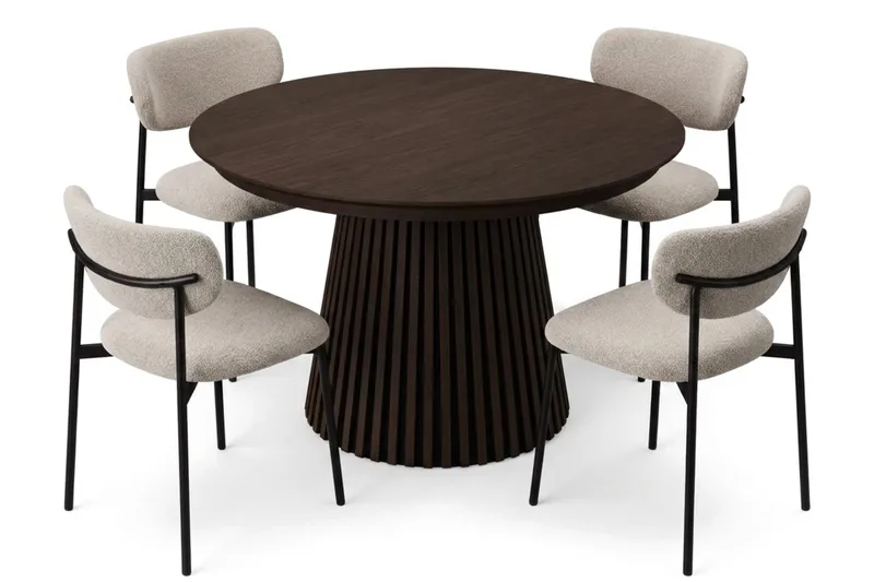 Spisegruppe Bark Peyra 120-220 cm Røkt eik Greige bouclé/metallben svart