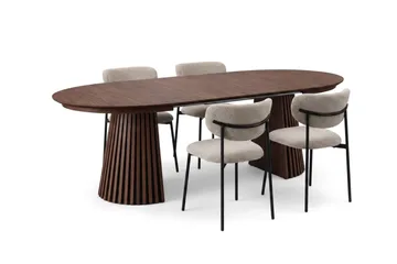 Spisegruppe Bark Peyra 120–220 cm Valnøtt Greige bouclé/metallben svart - Møbler - Bord - Spisegruppe