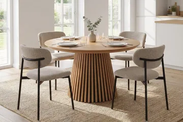 Spisegruppe Bark Peyra 120-220 cm Eik Greige bouclé/metallben svart - Møbler - Bord - Spisegruppe