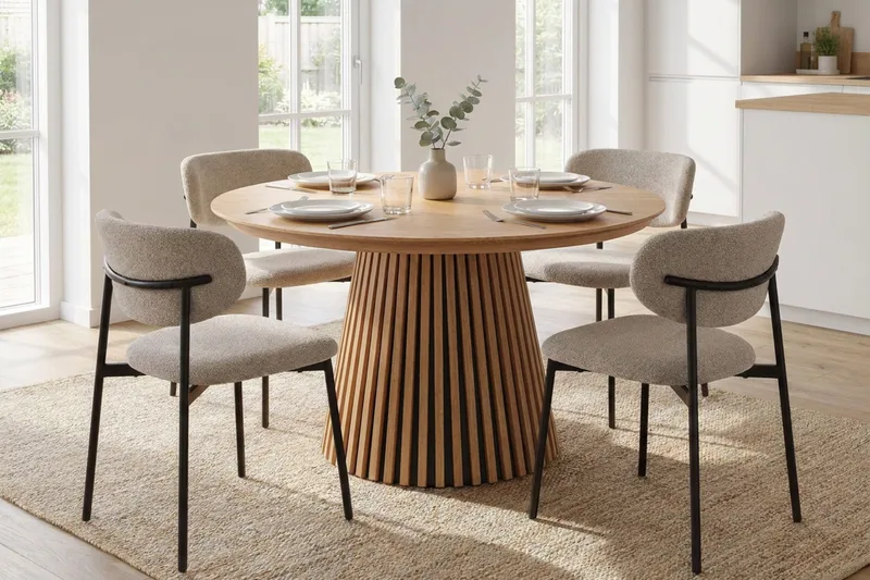 Spisegruppe Bark Peyra 120-220 cm Eik Greige bouclé/metallben svart - Møbler - Bord - Spisegruppe