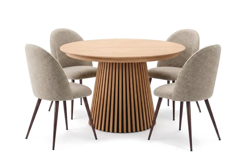 Spisegruppe Bark Peyra 120-220 cm Eik Greige bouclé/Metallben Valnøtt