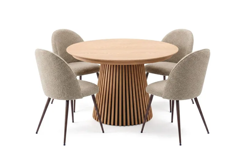 Spisegruppe Bark Peyra 120-220 cm Eik Greige bouclé/Metallben Valnøtt - Møbler - Bord - Spisegruppe