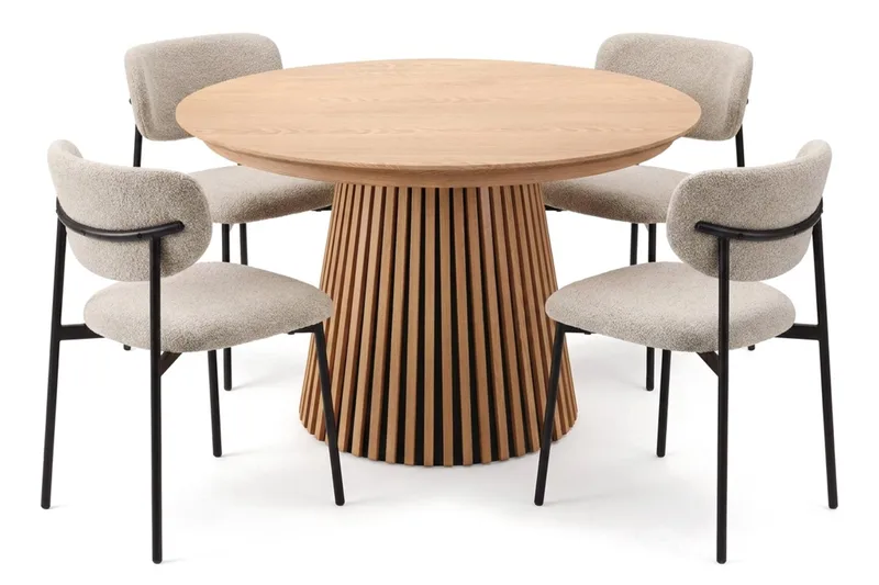 Spisegruppe Bark Peyra 120-220 cm Eik Greige bouclé/metallben svart