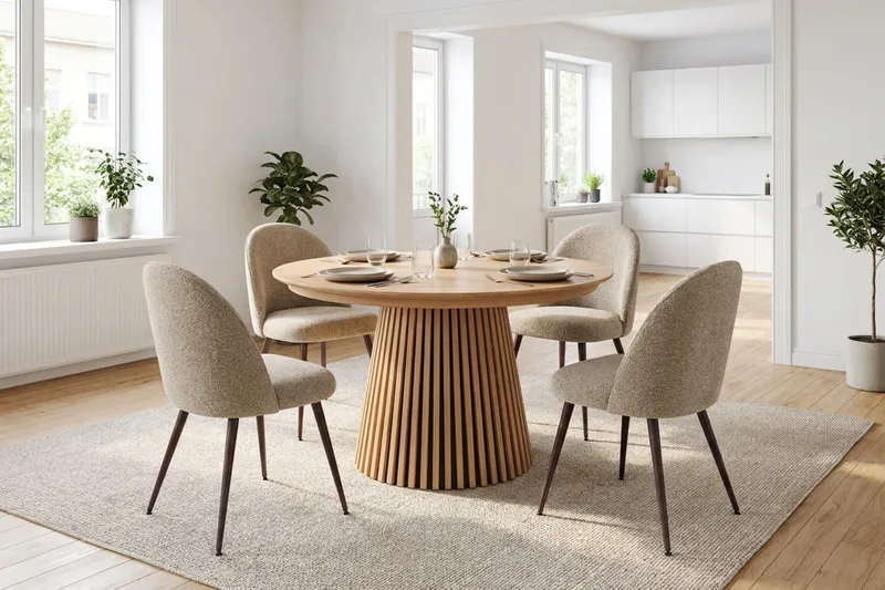 Spisegruppe Bark Peyra 120-220 cm Eik Greige bouclé/Metallben Valnøtt - Møbler - Bord - Spisegruppe