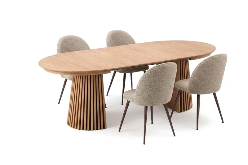 Spisegruppe Bark Peyra 120-220 cm Eik Greige bouclé/Metallben Valnøtt - Møbler - Bord - Spisegruppe