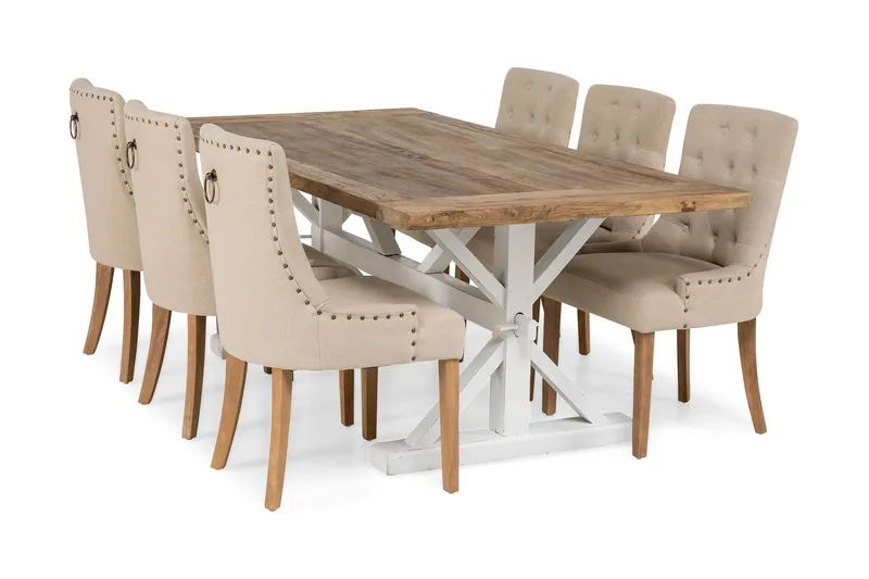 Spisegruppe Bloomington Lyon Uttrekkbart 200 cm med 6 Viktoria Stoler Natur/Hvit/Beige Natur/Hvit/Beige Beige/Hvit