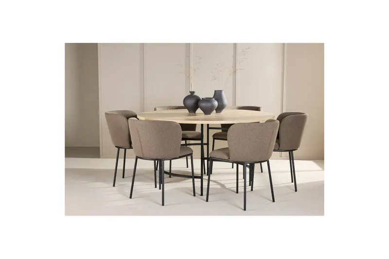 Spisegruppe Copenhagen Rund 140 cm Hvit/Svart med 6 Edina-stoler Svart / Brun - Svart / Brun - Møbler - Bord - Spisegruppe