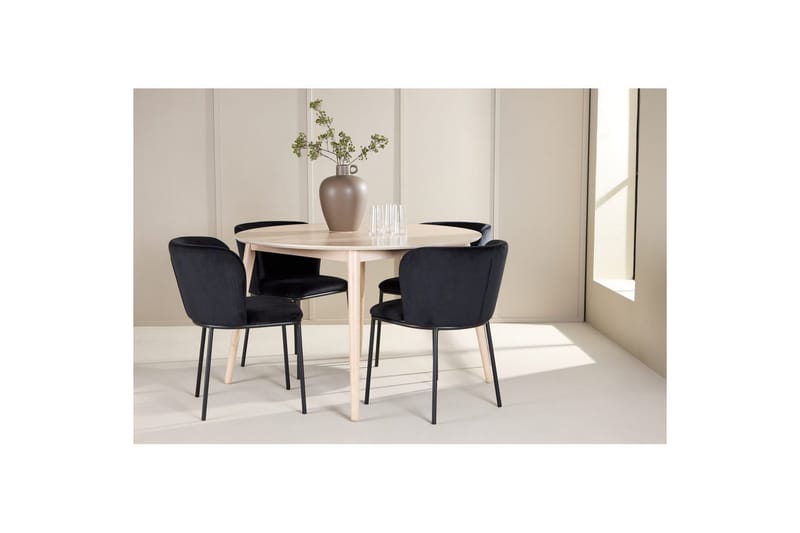Spisegruppe Flora Rund 120 cm Hvit med 4 stk Edina stoler Svart - Svart - Møbler - Bord - Spisegruppe