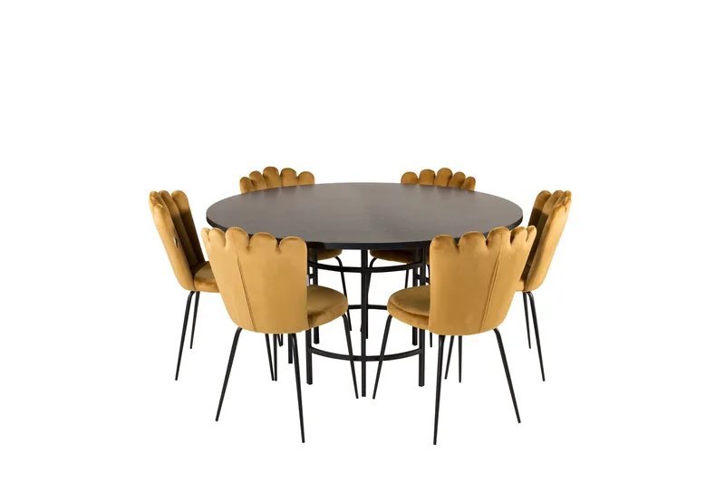 Spisegruppe Möbelfashion Copenhagen spisegruppe 140 cm rund med 6 Limhamn-stoler Svart/GULL