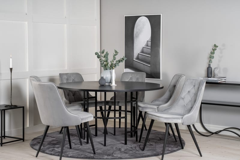 Spisegruppe Möbelfashion Copenhagen spisegruppe 140 cm rund med 6 Velvet Deluxe-stoler Svart/Lys grå - Møbler - Bord - Spisegruppe