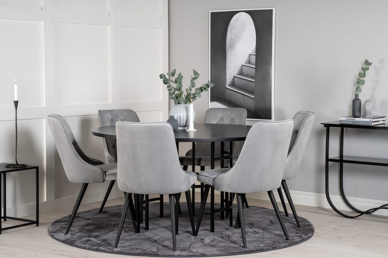 Spisegruppe Möbelfashion Copenhagen spisegruppe 140 cm rund med 6 Velvet Deluxe-stoler Svart/Lys grå - Møbler - Bord - Spisegruppe
