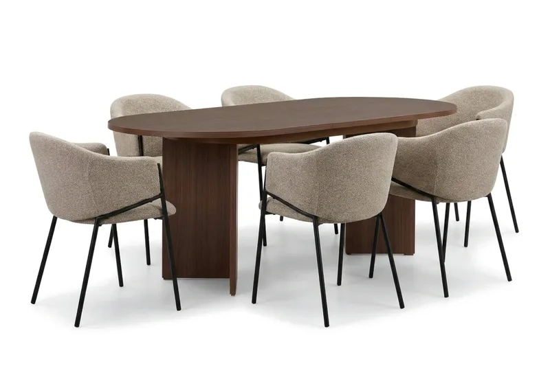 Spisegruppe Nordure Dano uttrekkbart spisebord 160–200 cm med 6 Filip spisestoler Greige