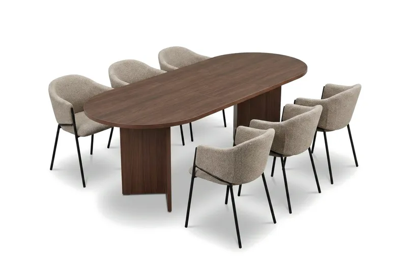 Spisegruppe Nordure Dano uttrekkbart spisebord 160–200 cm med 6 Filip spisestoler Greige - Møbler - Bord - Spisegruppe