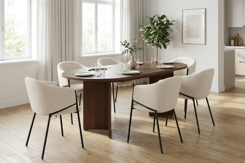 Spisegruppe Nordure Dano uttrekkbart spisebord 160–200 cm med 6 Filip spisestoler Vit - Møbler - Bord - Spisegruppe