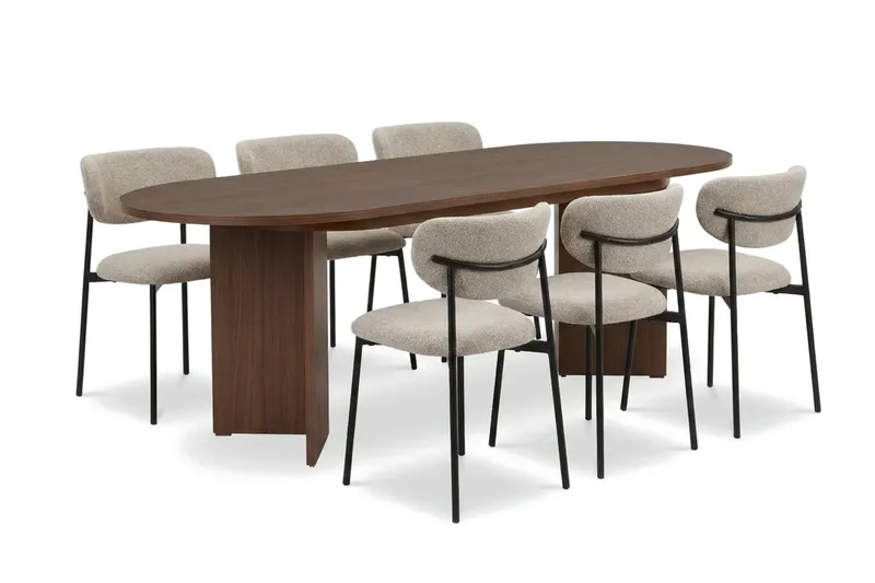 Spisegruppe Nordure Dano uttrekkbart spisebord 160–200 cm med 6 Lucy spisestoler Greige