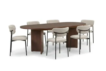 Spisegruppe Nordure Dano uttrekkbart spisebord 160–200 cm med 6 Lucy spisestoler Greige - Møbler - Bord - Spisegruppe