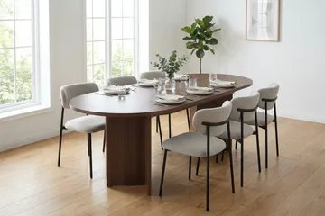 Spisegruppe Nordure Dano uttrekkbart spisebord 160–200 cm med 6 Lucy spisestoler Greige - Møbler - Bord - Spisegruppe