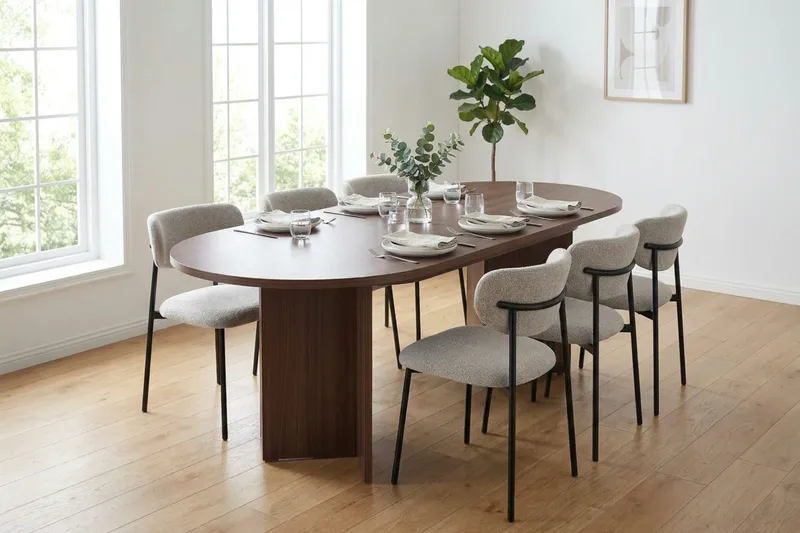 Spisegruppe Nordure Dano uttrekkbart spisebord 160–200 cm med 6 Lucy spisestoler Greige - Møbler - Bord - Spisegruppe