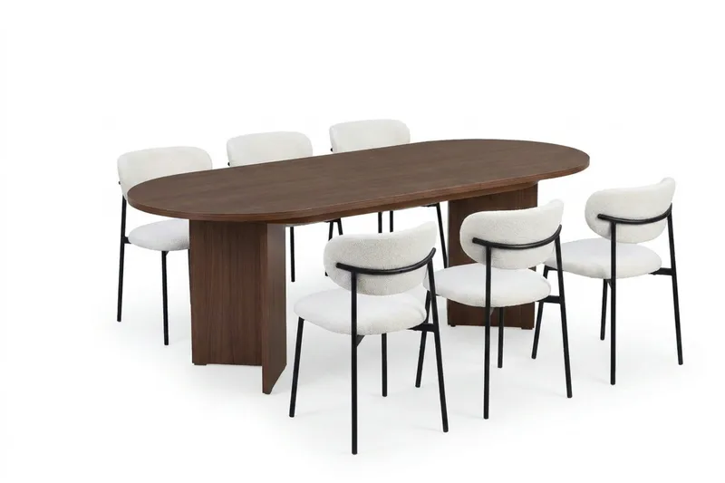 Spisegruppe Nordure Dano uttrekkbart spisebord 160–200 cm med 6 Lucy spisestoler Vit