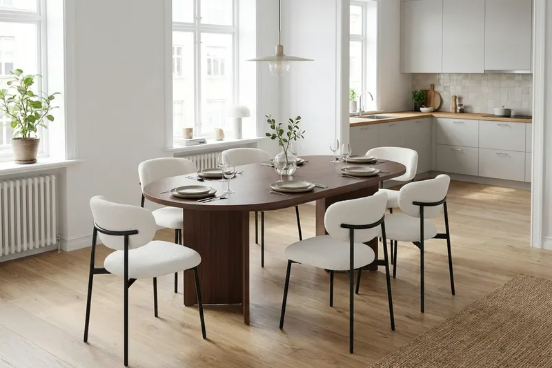 Spisegruppe Nordure Dano uttrekkbart spisebord 160–200 cm med 6 Lucy spisestoler Vit - Møbler - Bord - Spisegruppe