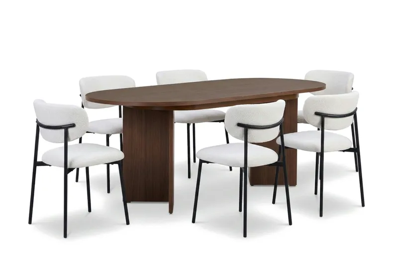 Spisegruppe Nordure Dano uttrekkbart spisebord 160–200 cm med 6 Lucy spisestoler Vit - Møbler - Bord - Spisegruppe