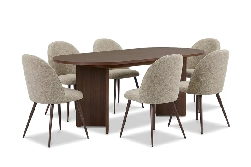 Spisegruppe Nordure Dano uttrekkbart spisebord 160–200 cm med 6 Nibe Plus spisestoler Greige