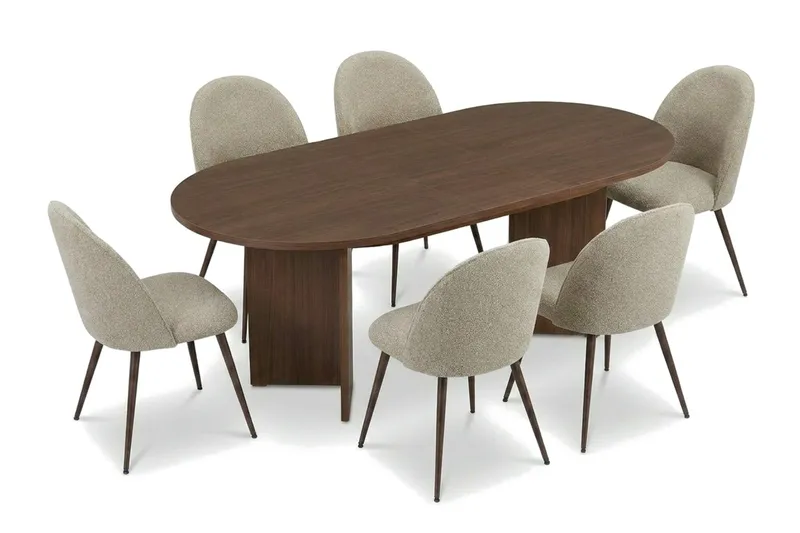 Spisegruppe Nordure Dano uttrekkbart spisebord 160–200 cm med 6 Nibe Plus spisestoler Greige - Møbler - Bord - Spisegruppe