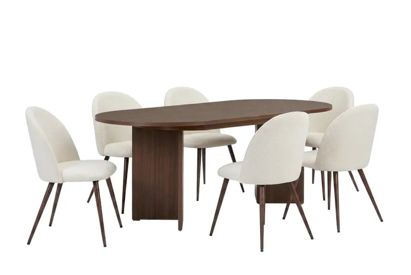 Spisegruppe Nordure Dano uttrekkbart spisebord 160–200 cm med 6 Nibe Plus spisestoler Vit