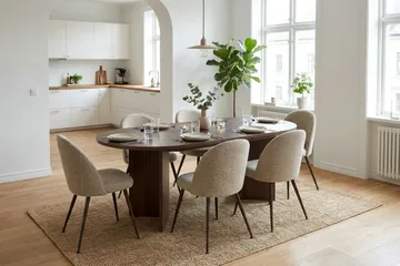 Spisegruppe Nordure Dano uttrekkbart spisebord 160–200 cm med 6 Nibe Plus spisestoler Greige - Møbler - Bord - Spisegruppe