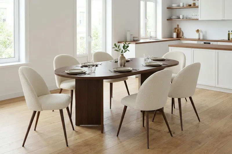 Spisegruppe Nordure Dano uttrekkbart spisebord 160–200 cm med 6 Nibe Plus spisestoler Vit - Møbler - Bord - Spisegruppe