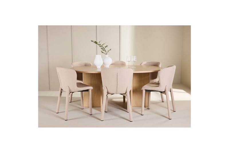 Spisegruppe Strada Rund 120/170 cm Hvit med Astoria Stoler 6 stk, Beige - 6 stk, Beige - Møbler - Bord - Spisegruppe