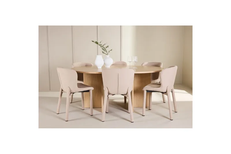Spisegruppe Strada Rund 120/170 cm Hvit med Astoria Stoler 6 stk, Beige - 6 stk, Beige - Møbler - Bord - Spisegruppe
