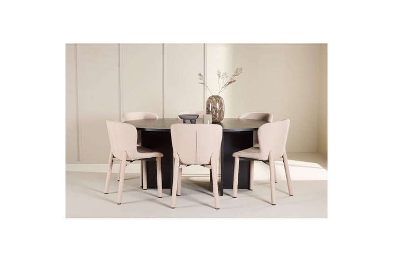 Spisegruppe Strada Rundt 120/170 cm Svart med Astoria Stoler 6 stk, Beige - 6 stk, Beige - Møbler - Bord - Spisegruppe