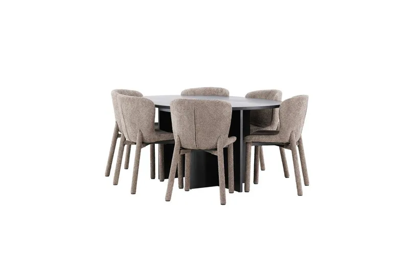 Spisegruppe Strada Rundt 120/170 cm Svart med Astoria Stoler 6 stk, Brun - 6 stk, Brun - Møbler - Bord - Spisegruppe
