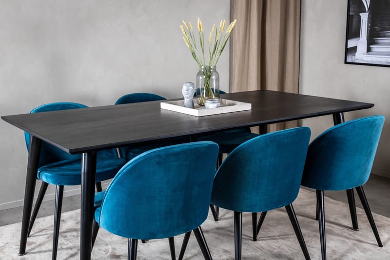 Spisegruppe Venture Home Dipp spisegruppe 180 cm rektangulær med 6 Velvet-stoler Svart/blå - Møbler - Bord - Spisegruppe