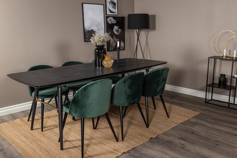 Spisegruppe Venture Home Gold spisegruppe uttrekkbar 180–220 cm rektangulær med 6 Velvet-stoler Svart/Grønn - Møbler - Bord - Spisegruppe