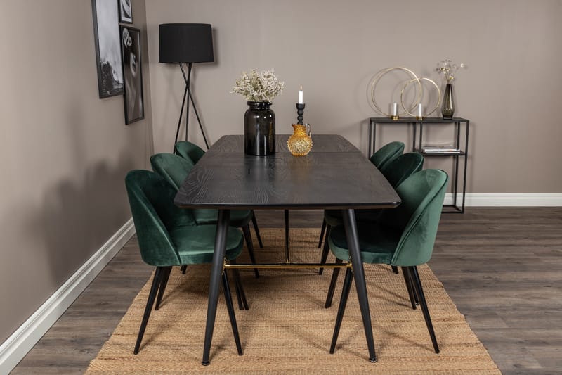 Spisegruppe Venture Home Gold spisegruppe uttrekkbar 180–220 cm rektangulær med 6 Velvet-stoler Svart/Grønn - Møbler - Bord - Spisegruppe