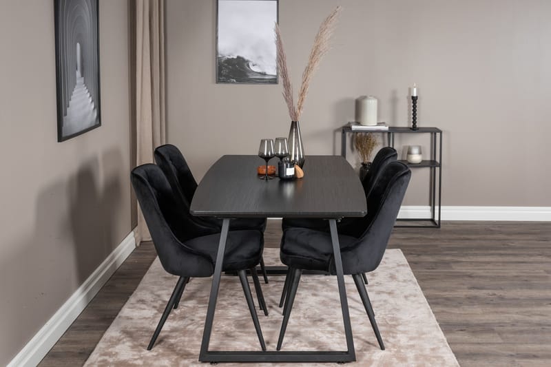Spisegruppe Venture Home Inca spisegruppe uttrekkbar 160 cm rektangulær med 4 Velvet Deluxe-stoler Svart - Møbler - Bord - Spisegruppe