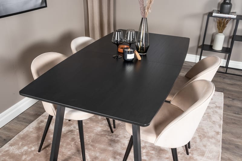Spisegruppe Venture Home Inca spisegruppe uttrekkbar 160 cm rektangulær med 4 Velvet-stoler Beige/Svart - Møbler - Bord - Spisegruppe