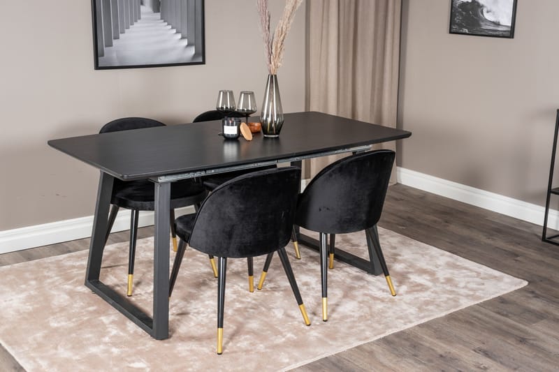 Spisegruppe Venture Home Inca spisegruppe uttrekkbar 160 cm rektangulær med 4 Velvet-stoler Svart2 - Møbler - Bord - Spisegruppe