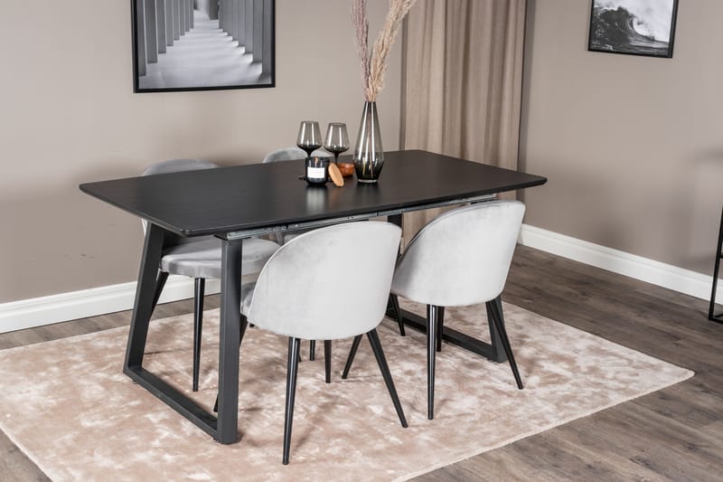 Spisegruppe Venture Home Inca spisegruppe uttrekkbar 160 cm rektangulær med 4 Velvet-stoler Svart/Lys grå - Møbler - Bord - Spisegruppe