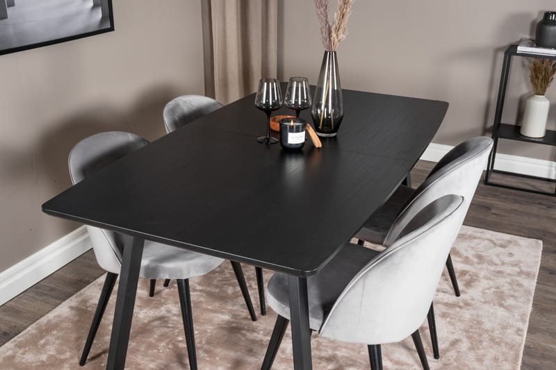 Spisegruppe Venture Home Inca spisegruppe uttrekkbar 160 cm rektangulær med 4 Velvet-stoler Svart/Lys grå - Møbler - Bord - Spisegruppe